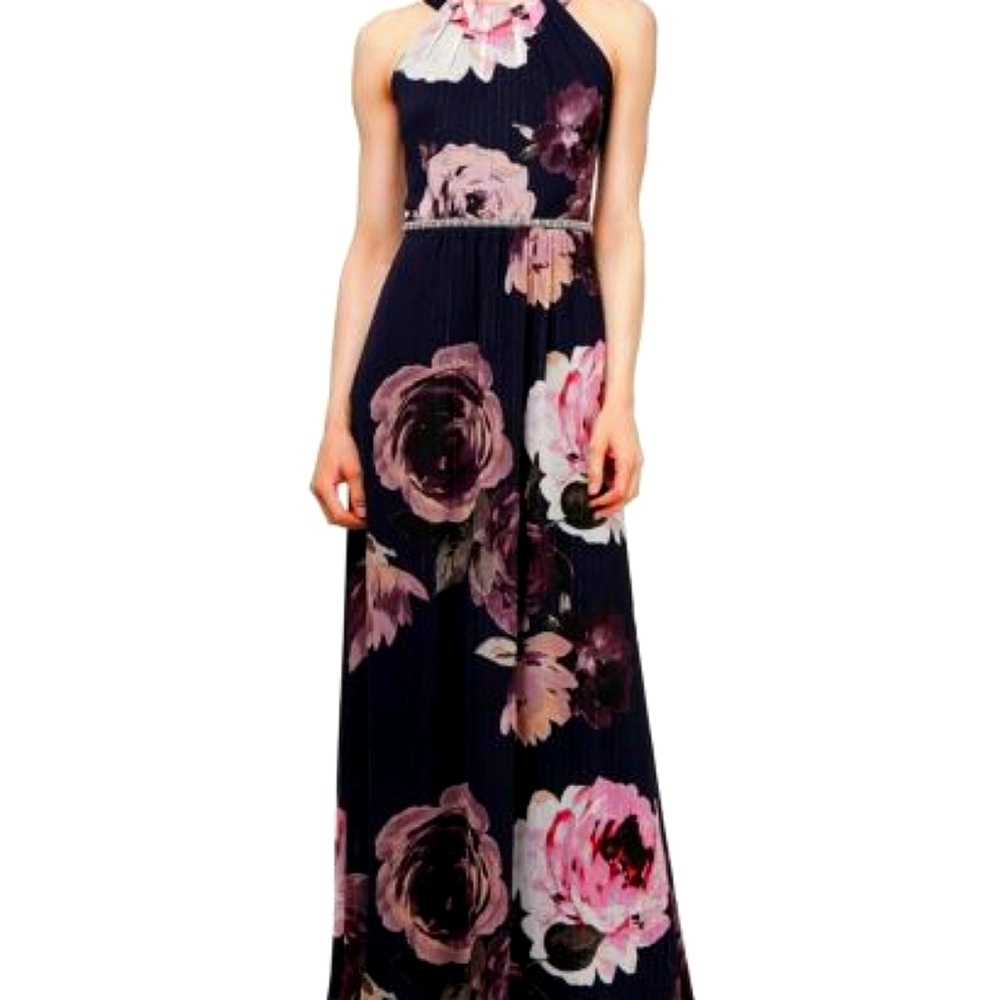SLNY Formal Maxi Gown Sz 14 Navy Pink Beaded Embellishments Metallic Gold Detail